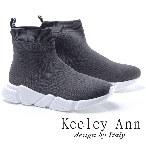 Keeley Ann時尚潮流~後織帶彈性布真皮軟墊平底襪靴(灰色777847180-Ann系列)