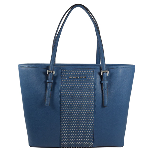 MICHAEL KORS 經典LOGO防刮皮革鉚釘肩背托特包.藍