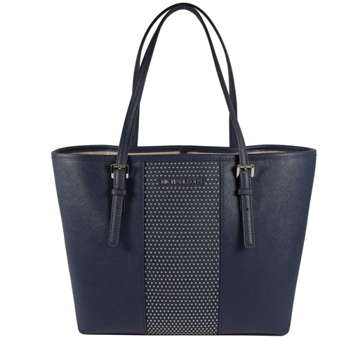 MICHAEL KORS 經典LOGO防刮皮革鉚釘肩背托特包.深藍