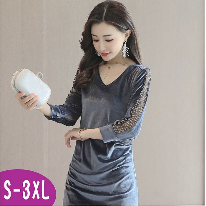 ❤現貨-漫妮女裝❤3XL-V領長袖洋裝貴氣金絲絨鏤空袖連衣裙-灰色