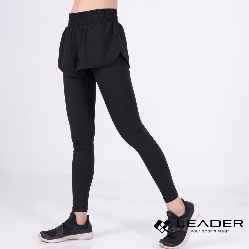 LEADER DS-20假兩件 透氣彈性運動長褲 女款 黑底黑邊-特賣