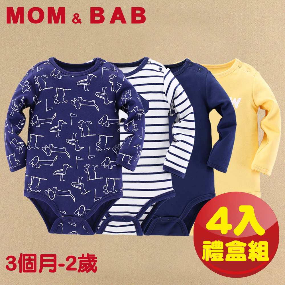 (購物車)【MOM AND BAB】深藍狗狗 長袖肩扣包屁衣(禮盒四件組)(12M-24M)