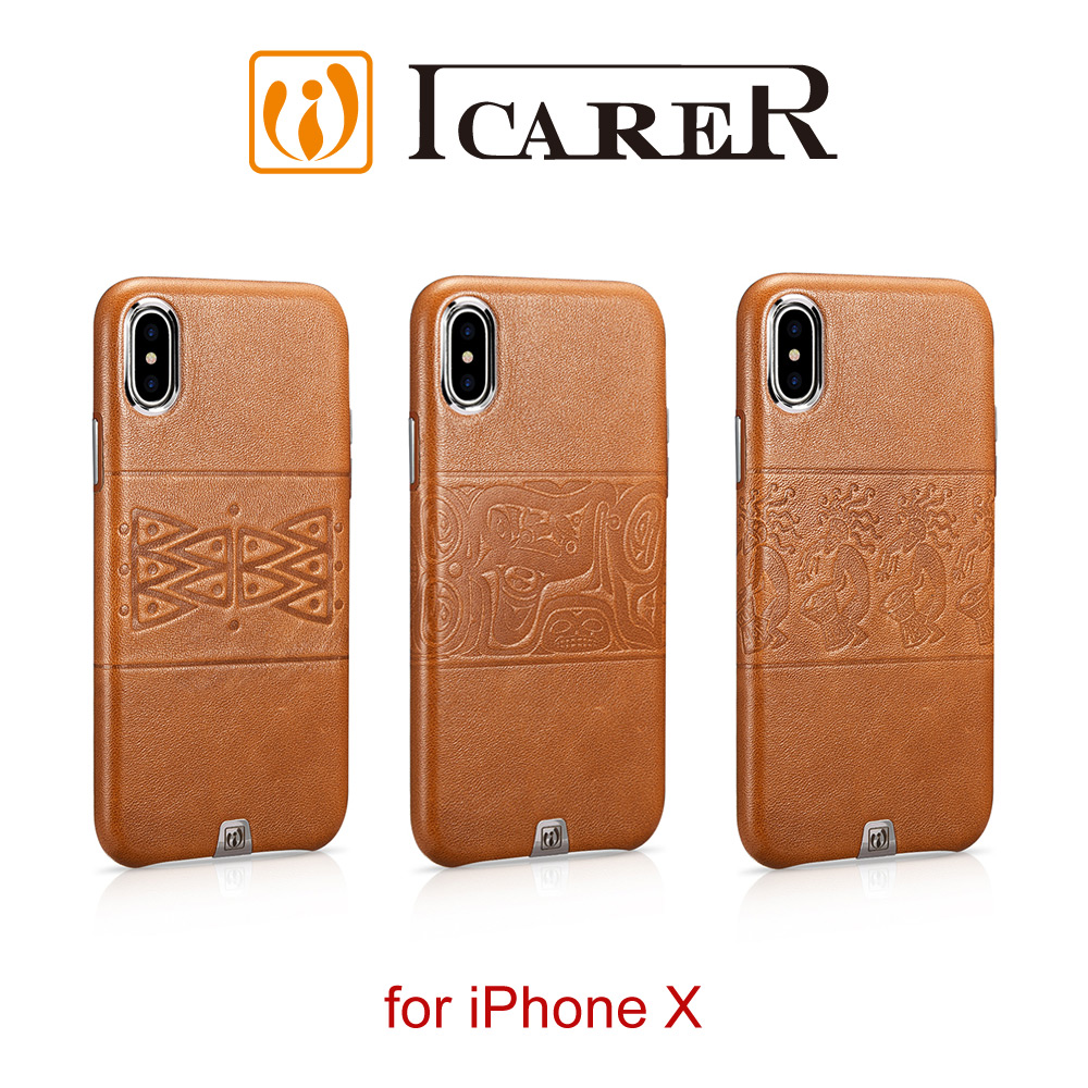 ICARER 復古圖騰 iPhone XS / X 單底背蓋 手工真皮保護套