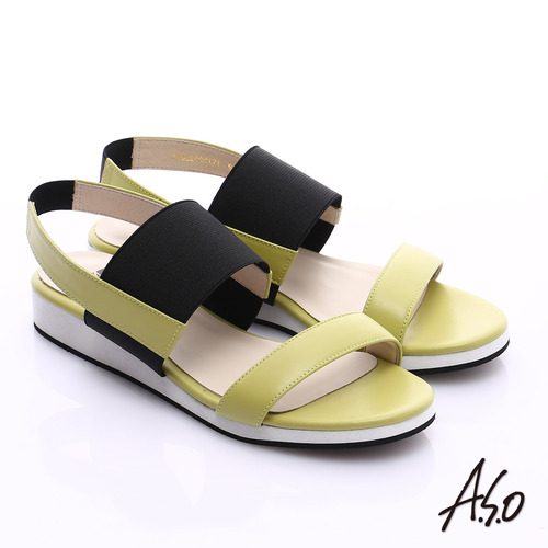 A.S.O 玩美涼夏 真皮鬆緊帶楔型涼鞋(黃錄)