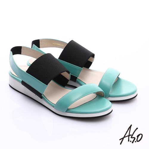 A.S.O 玩美涼夏 真皮鬆緊帶楔型涼鞋(綠)