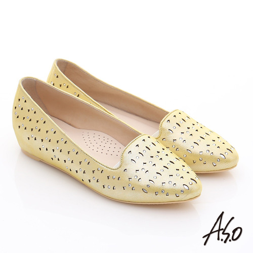 A.S.O 玩美涼夏 金屬感羊皮內增高平底鞋(黃)