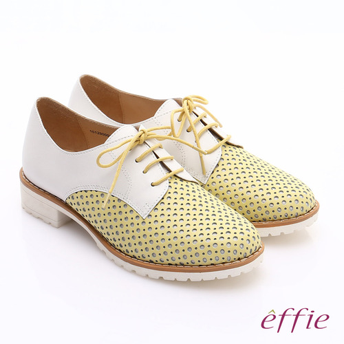 effie 都會休閒 經典牛皮拼色綁帶牛津平底鞋(黃)