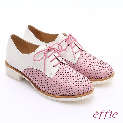 effie 都會休閒 經典牛皮拼色綁帶牛津平底鞋(粉)