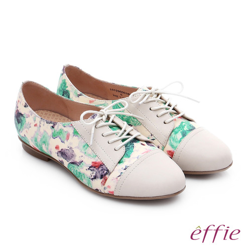 effie 輕量抗震 真皮印花綁帶牛津休閒鞋(米)