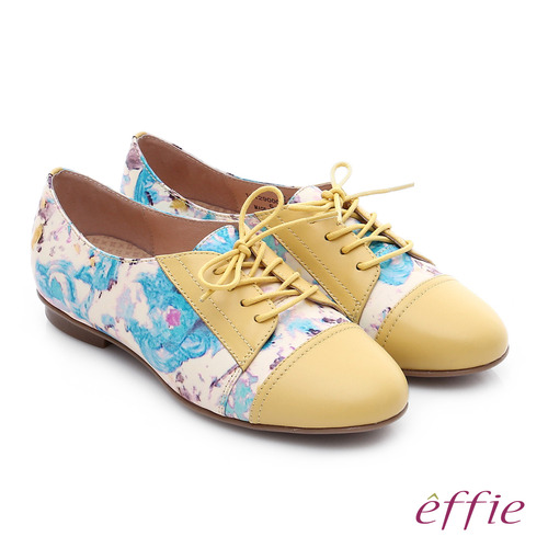 effie 輕量抗震 真皮印花綁帶牛津休閒鞋(黃)