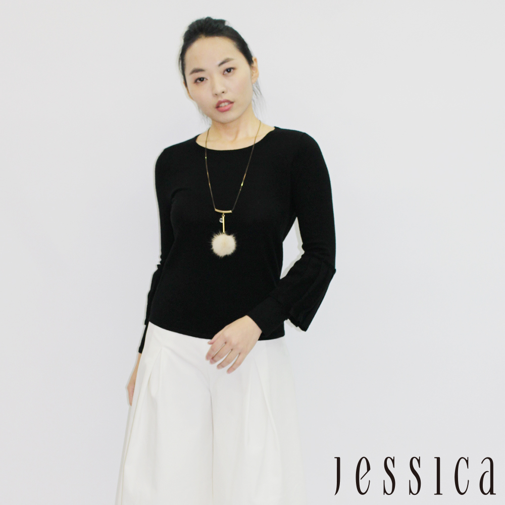 JESSICA - Sophia 素面混羊毛傘狀袖上衣(黑 / 附項鍊)
