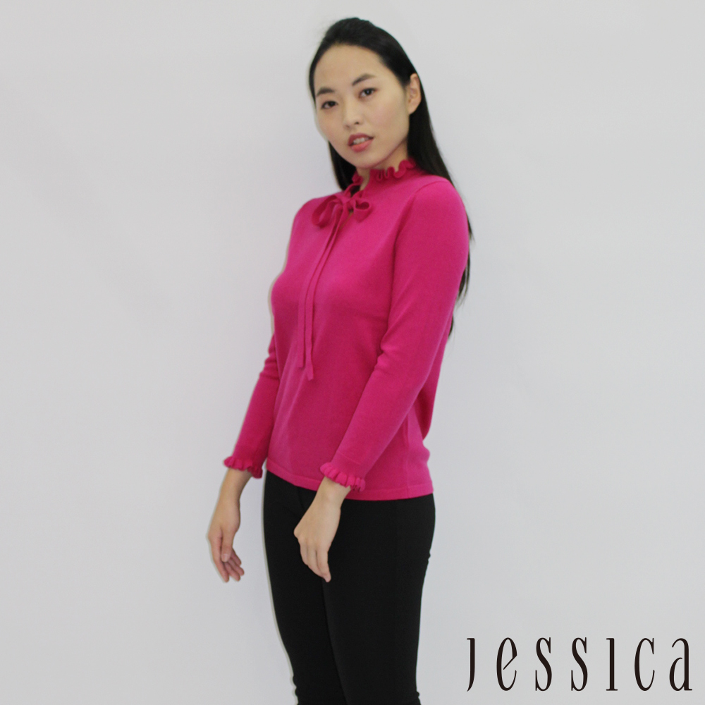 JESSICA - Aurora 綁帶造型領羊毛素面上衣(桃紅)