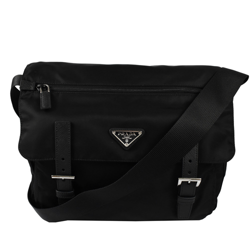 PRADA 經典三角LOGO尼龍翻蓋雙扣斜背包.黑