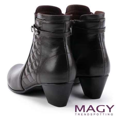 magy 经典复古乐活 牛皮菱格缝线粗跟短靴-咖啡