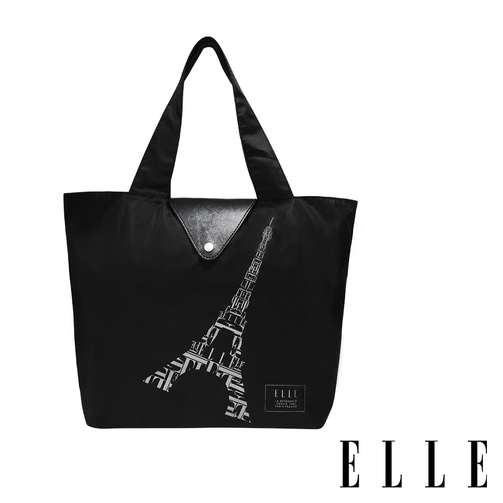 ELLE 鐵塔插畫環保摺疊購物袋-經典黑G52368