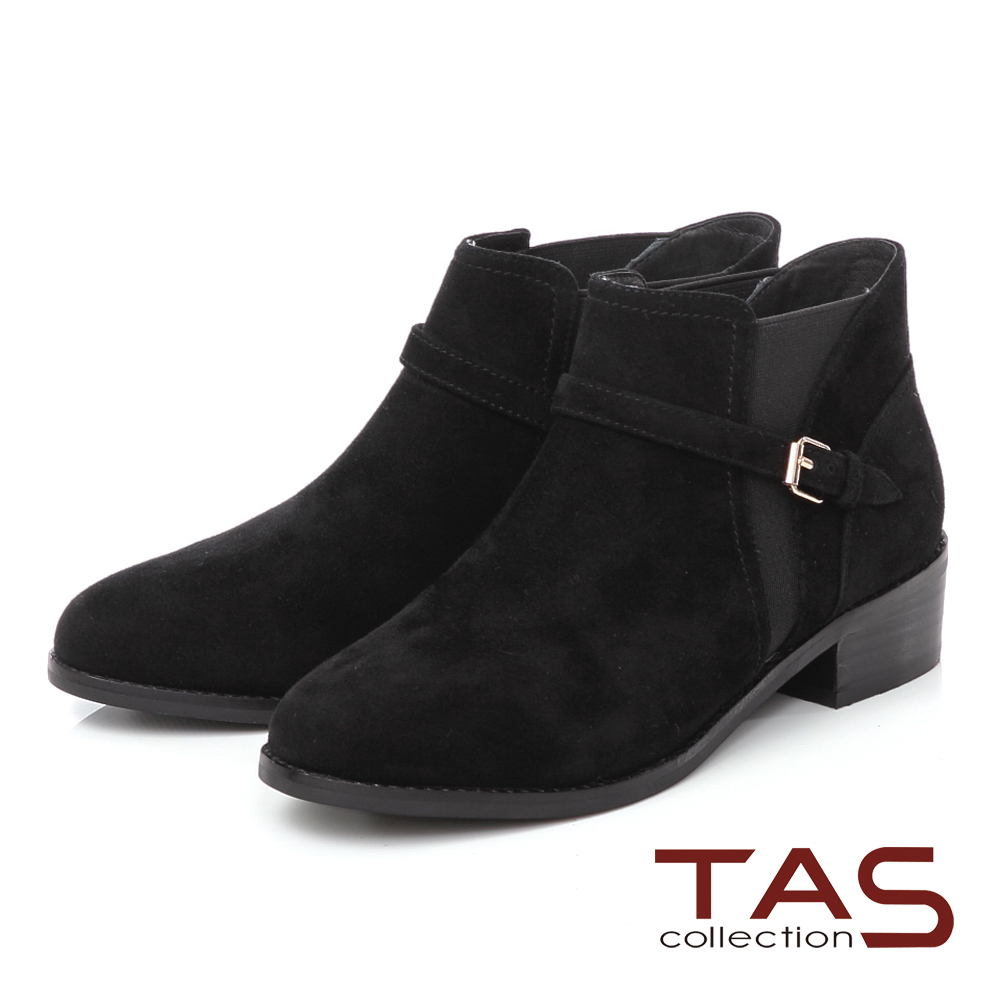 TAS 麂皮拼接皮帶扣粗跟短靴-率性黑