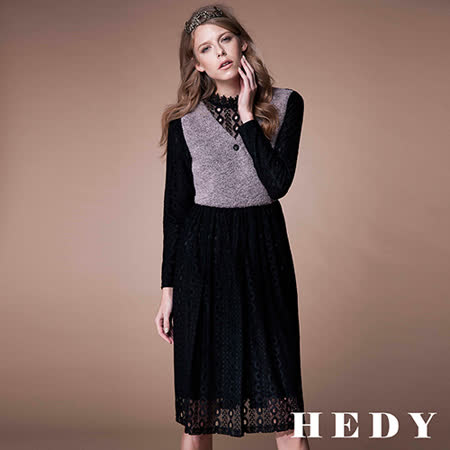 Hedy赫蒂
鏤空蕾絲拼接毛料長洋裝