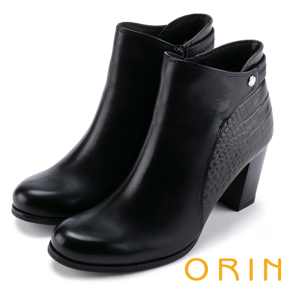 ORIN 經典復古 側後壓紋牛皮粗高跟短靴-黑色