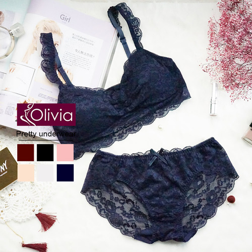 【Olivia】無鋼圈全蕾絲薄款抹胸內衣褲套組-藍色
