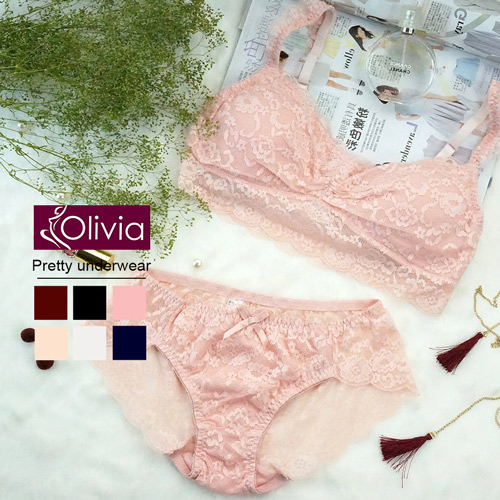 【Olivia】無鋼圈全蕾絲薄款抹胸內衣褲套組-粉色
