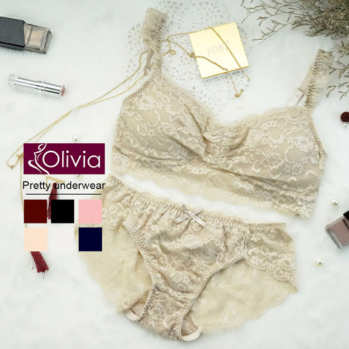 【Olivia】無鋼圈全蕾絲薄款抹胸內衣褲套組-杏色