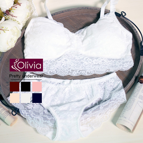 【Olivia】無鋼圈全蕾絲薄款抹胸內衣褲套組-白色