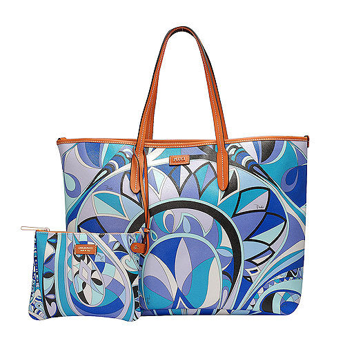 EMILIO PUCCI 經典幾何印花牛皮飾邊PVC子母購物包(大-松石綠-附萬用小袋)