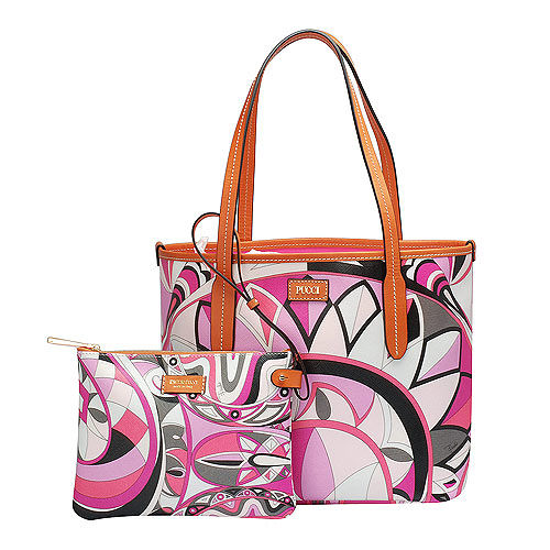 EMILIO PUCCI 經典幾何印花牛皮飾邊PVC子母購物包(小-粉紅-附萬用小袋)