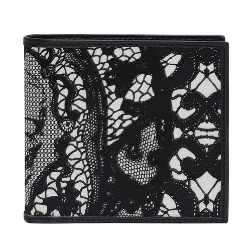 ALEXANDER McQUEEN 蕾絲骷髏頭印花圖案牛皮飾邊對折短夾(黑)