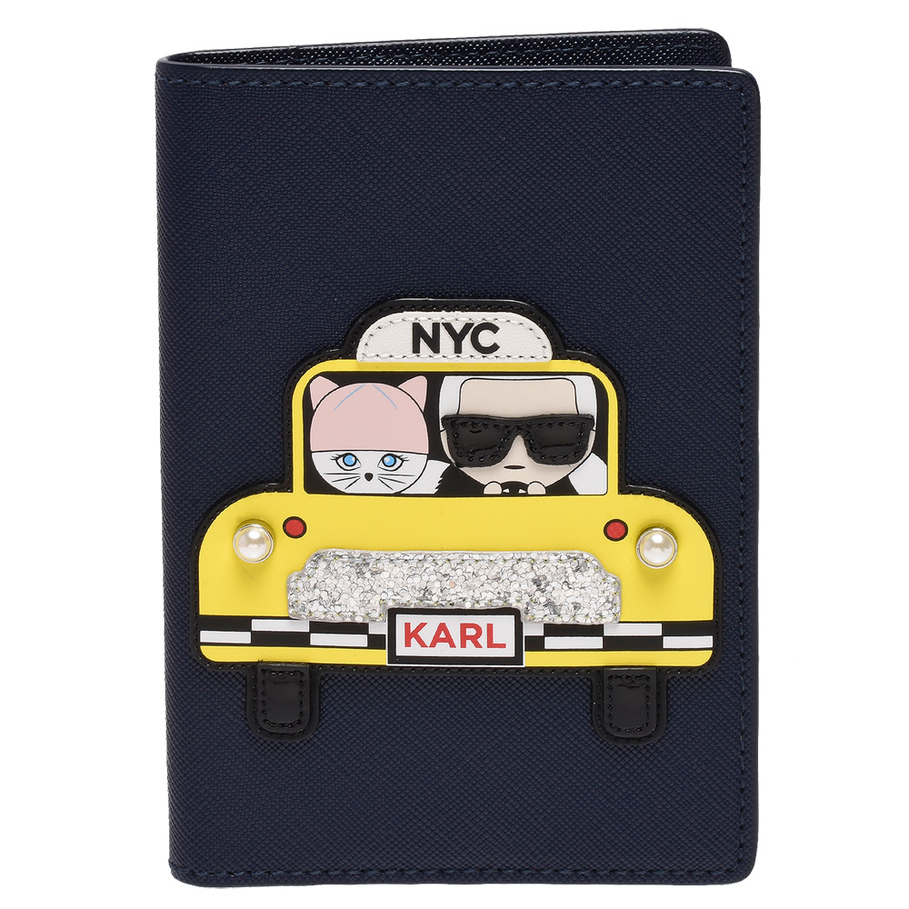KARL LAGERFELD經典NYC系列Saffiano皮革鑲嵌護照夾(午夜藍)