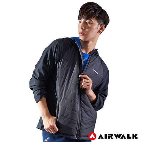 【AIRWALK】男款連帽拼接鋪棉外套-黑色
