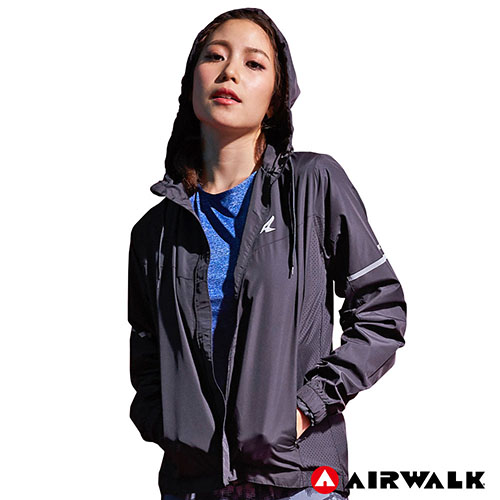 【AIRWALK】女款連帽收納風衣外套-黑色