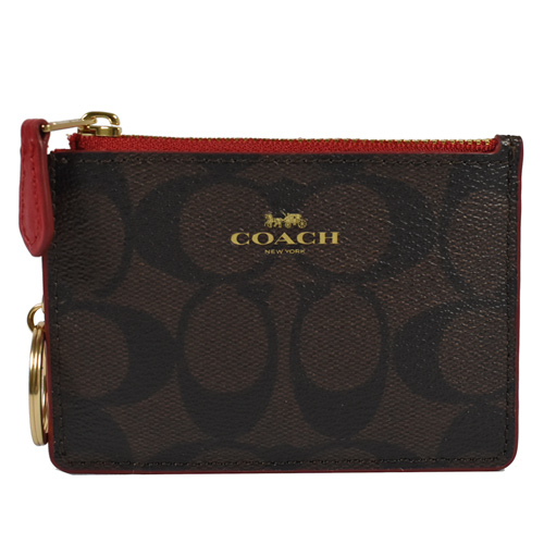 COACH 經典LOGO PVC皮革證件鑰匙零錢包.深咖/紅