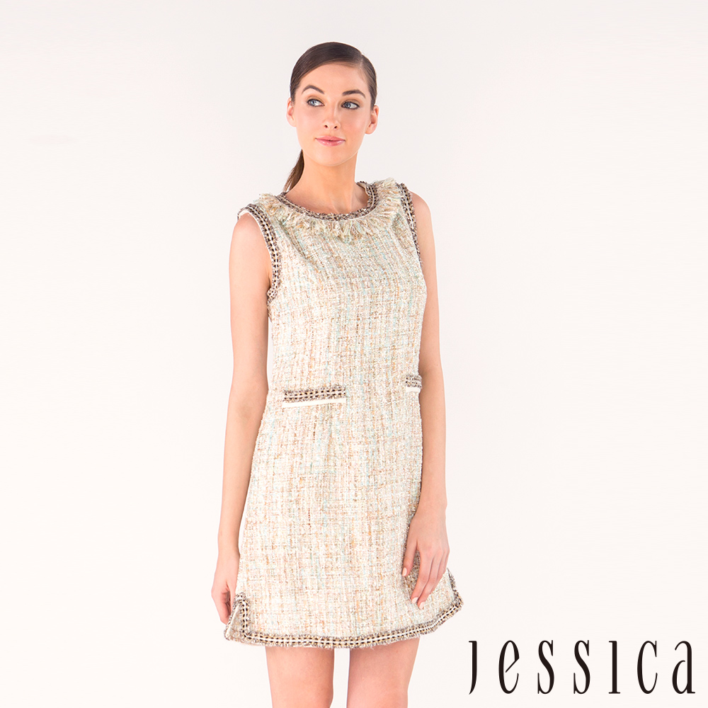 JESSICA - 香奈兒格紋流蘇修身洋裝(杏)