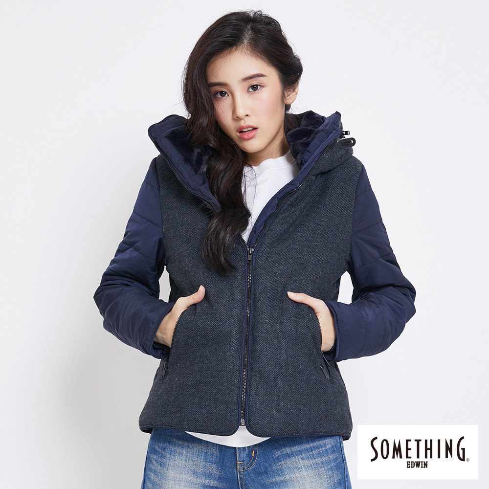 SOMETHING 短版異素材舖棉外套-女-丈青