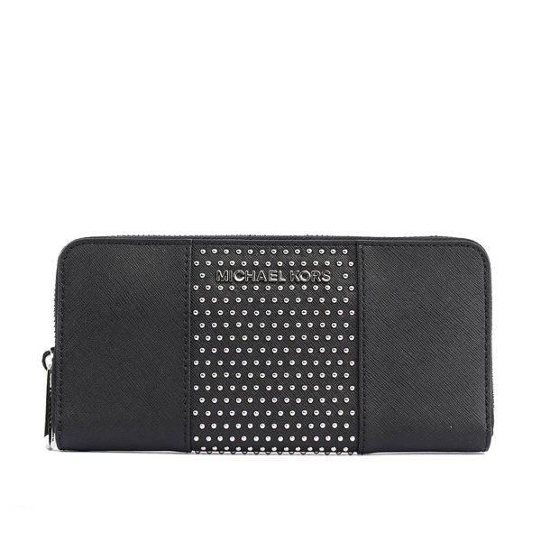 【MICHAEL KORS】防刮皮革+鉚釘ㄇ型拉鏈長夾(黑色)