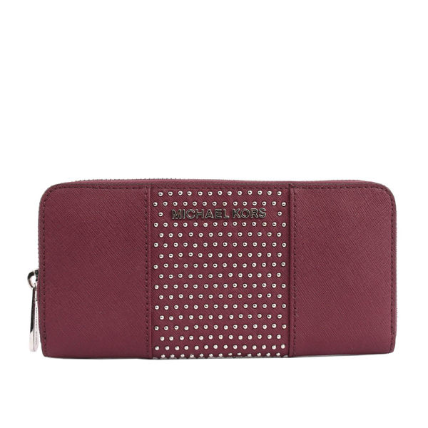【MICHAEL KORS】防刮皮革+鉚釘ㄇ型拉鏈長夾(紫莓色)