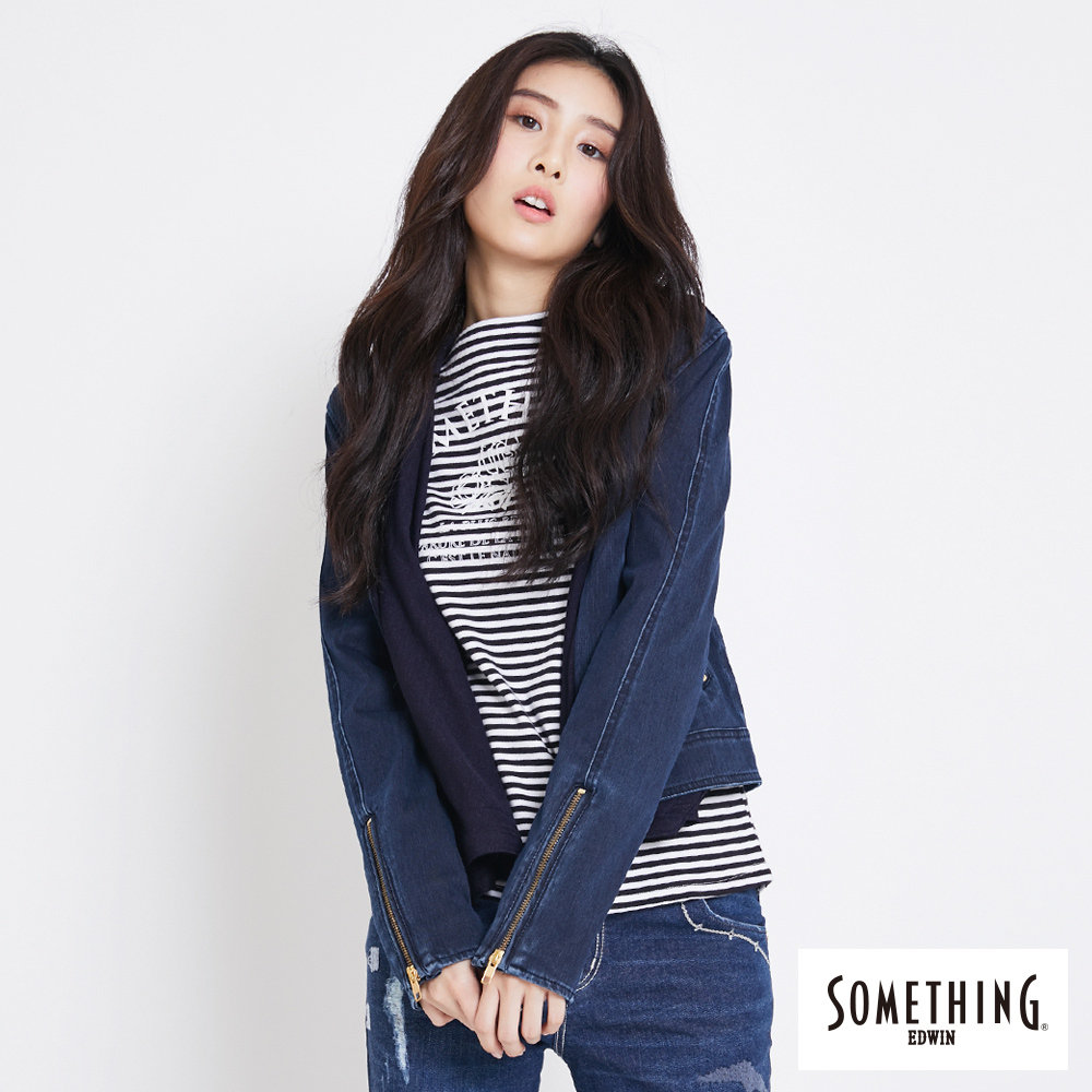 SOMETHING 異材質垂領 短版牛仔外套-女-中古藍
