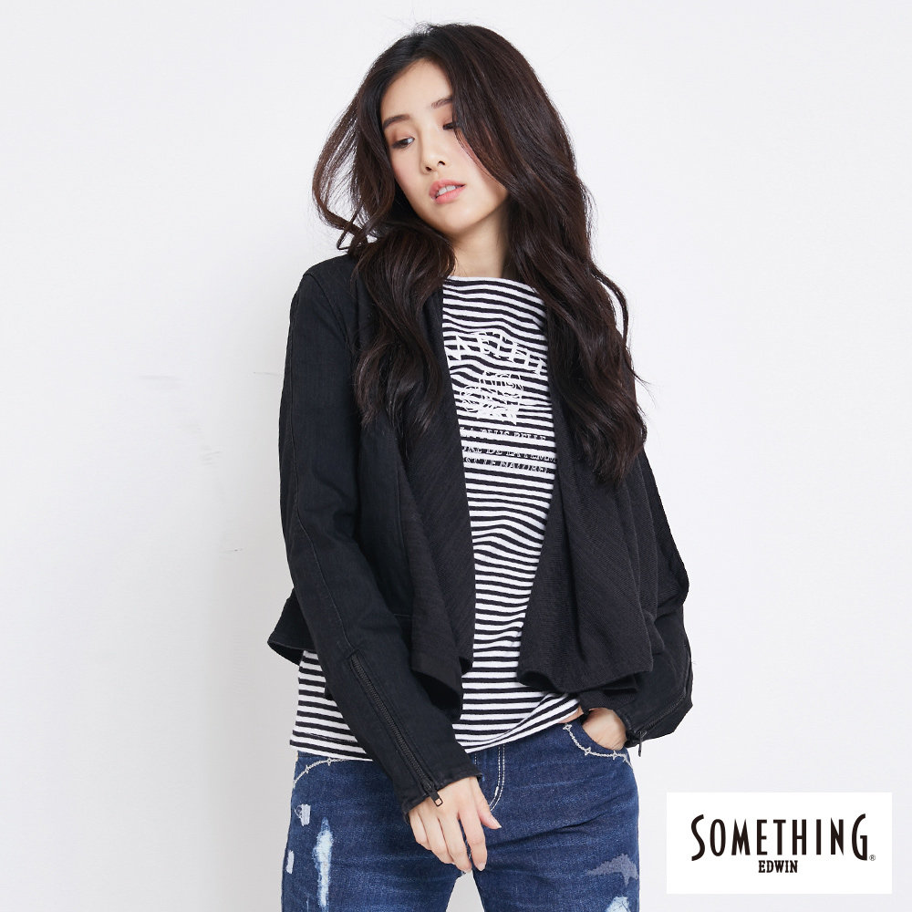 SOMETHING 異材質垂領 短版牛仔外套-女-黑色