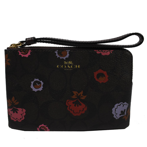 COACH 經典LOGO櫻花草PVC零錢手拿包.深咖