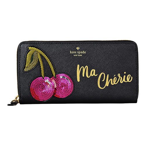 kate spade 經典燙金LOGO防刮牛皮拼貼刺繡櫻桃設計拉鍊長夾(黑)