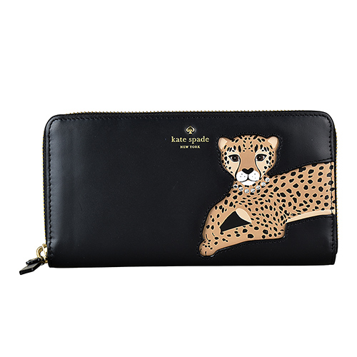 kate spade 經典燙金LOGO防刮牛皮拼貼刺繡櫻桃設計拉鍊長夾(黑)