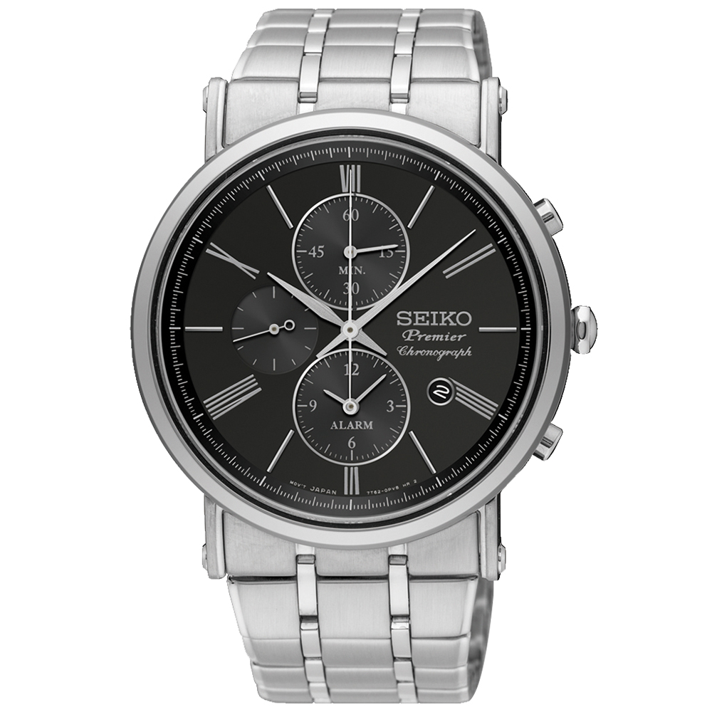 SEIKO 精工 Premier 三眼計時男錶 不鏽鋼錶帶 黑 防水100米 藍寶石玻璃鏡面 日期顯示 SNAF75P1