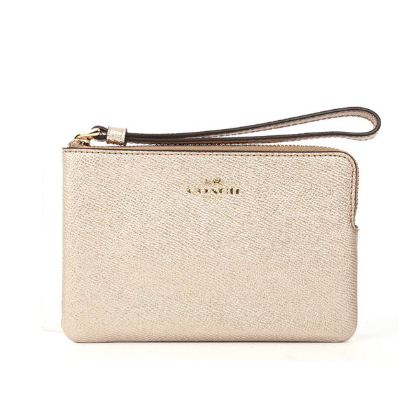 【COACH】馬車LOGO皮革L型拉鍊手拿包(金色)