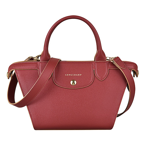 LONGCHAMP Le Pliage Héritage系列燙金LOGO防刮牛皮拉鍊手提/斜背包(小/暗紅)
