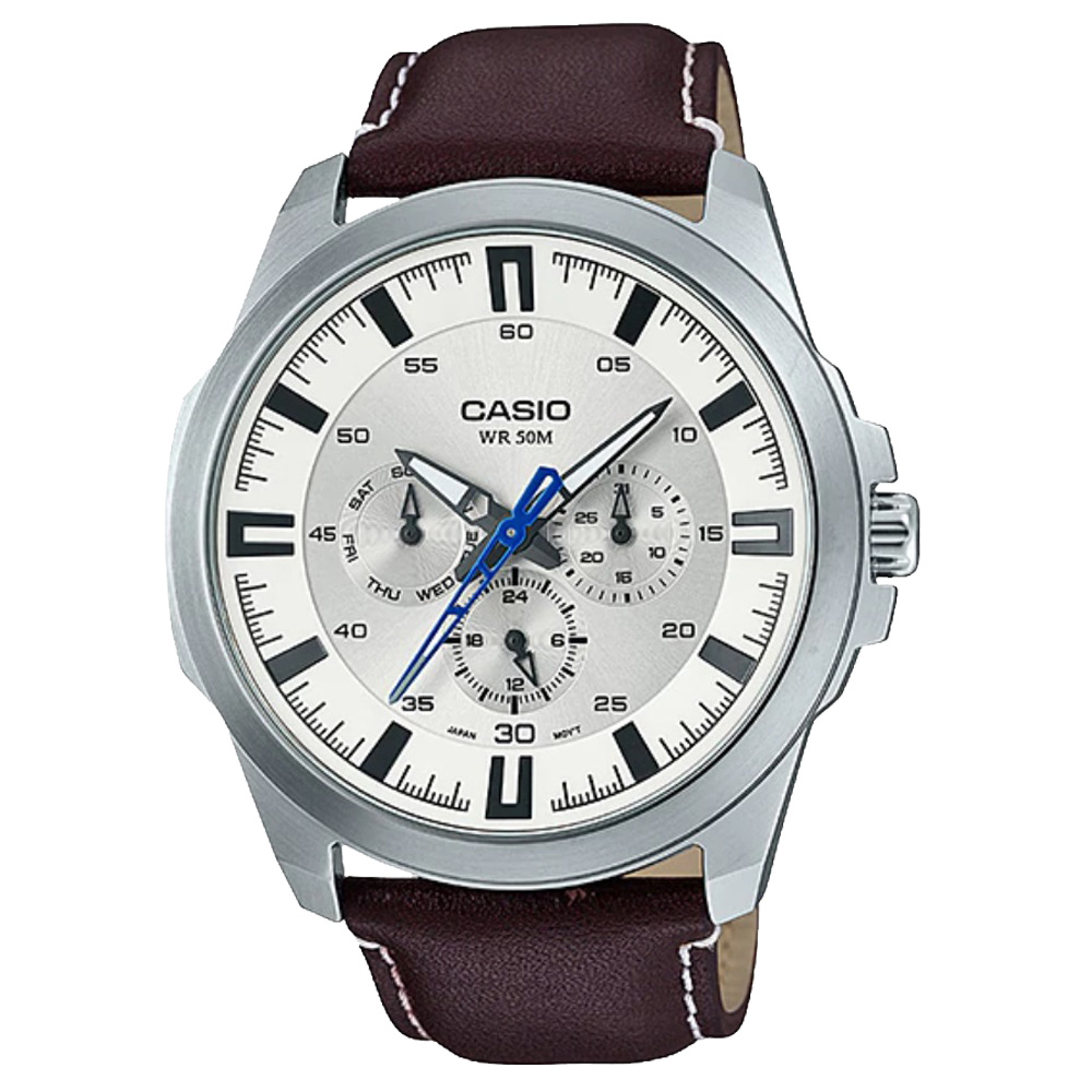 CASIO 卡西歐三眼男錶 皮革錶帶 黑/藍/銀白 防水50米 滑動式秒針 MTP-SW310L-7A