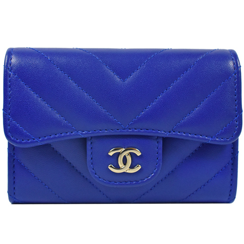 CHANEL 雙C LOGO V字紋小羊皮名片零錢夾.藍