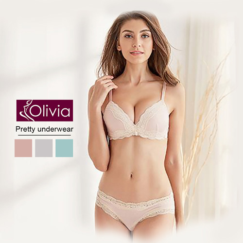 【Olivia】無鋼圈深V蕾絲滾邊小杯模內衣褲套組(粉色)