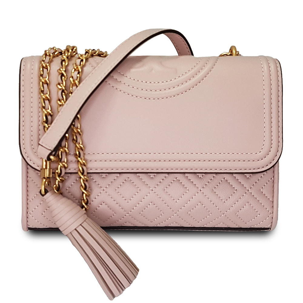 TORY BURCH 
菱格紋車縫流蘇飾鍊帶包