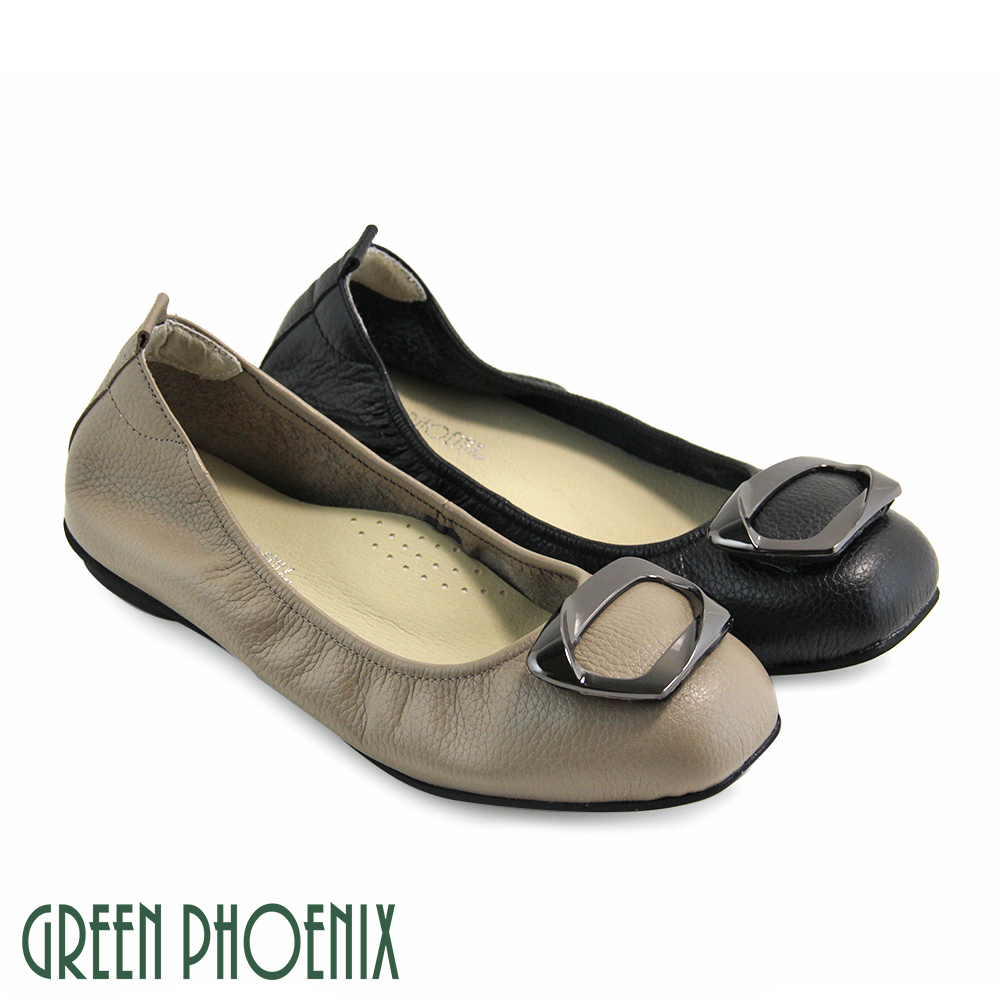 【GREEN PHOENIX】梯形金屬裝飾全真皮平底娃娃鞋